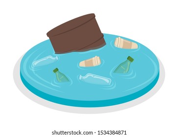 Pollution Concept Icon and Label. Earth and Water Pollution Logo. Technogenic Catastrophe Symbol, Icon and Badge. Cartoon Vector illustration.