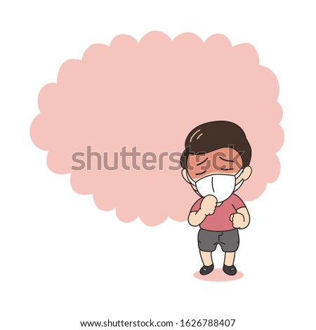 Pollution concept sick boy coughing and wearing protective face mask against smoke on background for design.