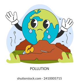 Pollution. Contamination with waste. Sad crying Earth drowning in the waste reaching out for help. Environmental degradation. Flat vector illustration