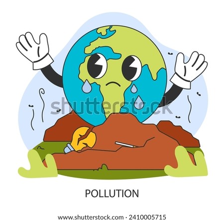 Pollution. Contamination with waste. Sad crying Earth drowning in the waste reaching out for help. Environmental degradation. Flat vector illustration