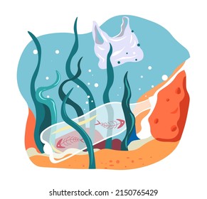 Pollution and contamination of water with plastic garbage and litter. Bag and bottle on bottom of ocean or sea. Nature problems, ecosystem and decay of marine dwellers and fauna. Vector in flat style