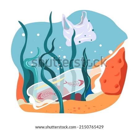 Pollution and contamination of water with plastic garbage and litter. Bag and bottle on bottom of ocean or sea. Nature problems, ecosystem and decay of marine dwellers and fauna. Vector in flat style