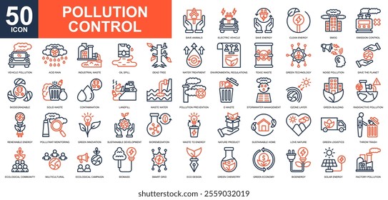 Pollution Control icon collection set. Environmental pollution, Ecology, environmental protection, pollution regulation, go green icon. Simple line  color vector.