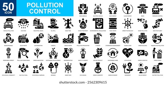 Pollution Control icon collection set. Environmental pollution, Ecology, environmental protection, pollution regulation, go green icon. Simple glyph vector.