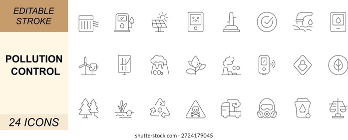 Iconos de línea mínimos de control de contaminación. Con eco, reciclaje, residuos, compost, energía renovable, carbono, aire limpio, agua y seguridad. Perfecto para App, Web, interfaz de usuario y proyectos verdes. Trazo editable.