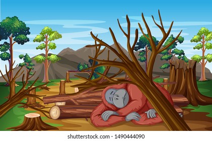 Pollution control scene with chimpanzee and deforestation illustration