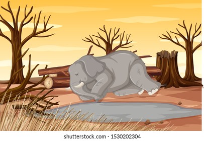 Pollution control scene with elephant and drought illustration