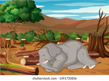 Pollution control scene with elephant dying in forest illustration