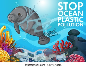 Pollution control scene with manatee in ocean illustration