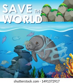 Pollution control scene with manatee underwater illustration
