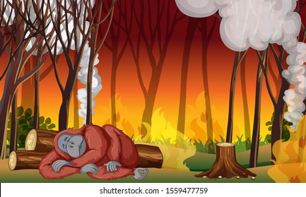 Pollution control scene with monkey and wildfire illustration