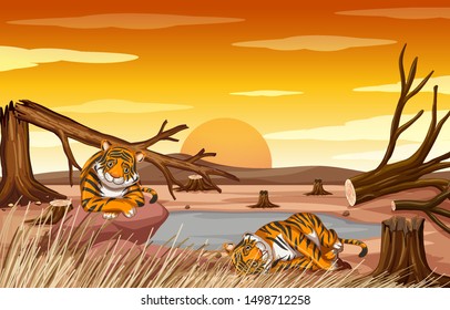 Pollution control scene with tigers and deforestation illustration