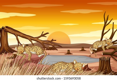 Pollution control scene with tigers and drought illustration