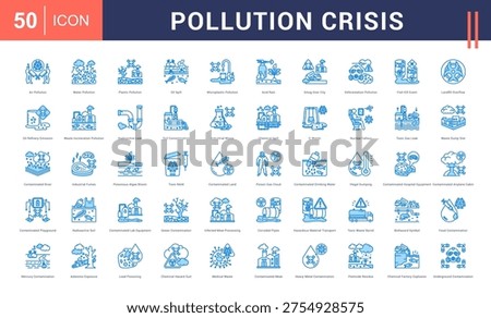 Pollution Crisis Icon Set. air pollution, water, plastic pollution, oil spill, microplastic pollution and more. Blue Style vector icons collection.