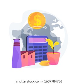 Pollution damage calculation. Industrial plant profit. Planet atmosphere destruction. Planet safety, polluted air problem, working factory. Vector isolated concept metaphor illustration