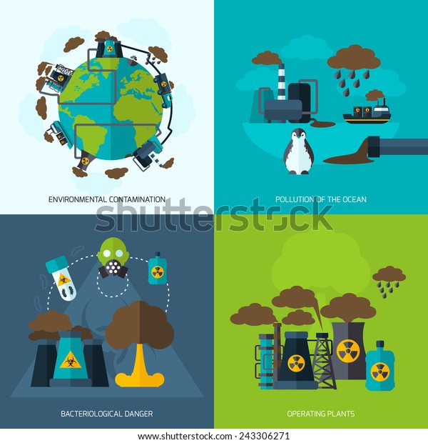Pollution design concept set with\
environmental contamination bacteriological danger operating plants\
flat icons isolated vector\
illustration