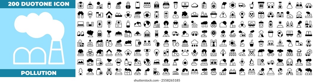 Pollution Duotone Editable Icons set. Vector illustration in modern thin duotone style of pollution icons: Containing CO2, mask, air filter, PM 2.5, air purifier, etc