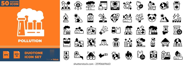 Pollution Duotone Editable Icons set. Vector illustration in modern thin duotone style of Pollution icons:  CO2, mask, air filter, etc