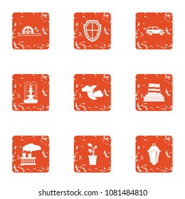 Pollution eco area icons set. Grunge set of 9 pollution eco area vector icons for web isolated on white background