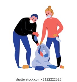 Contaminación de la composición ecológica con personajes de hombre y mujer recolectando basura en ilustración vectorial de saco