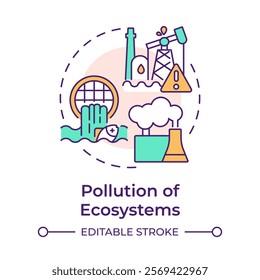 Pollution of ecosystem multi color concept icon. Biodiversity decline cause. Toxic emissions, water contamination. Round shape line illustration. Abstract idea. Graphic design. Easy to use in article