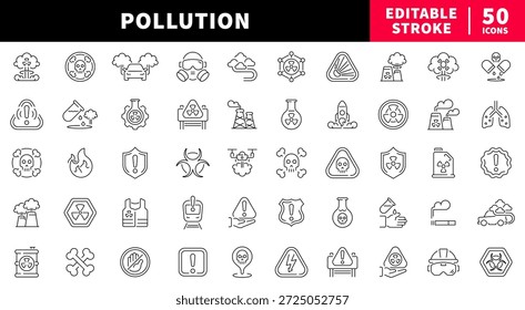 Conjunto de iconos de línea editable de contaminación. símbolos ambientales y de peligro