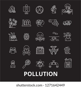 Pollution editable line icons vector set on black background. Pollution white outline illustrations, signs, symbols