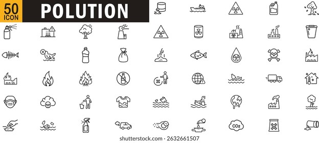 Conjunto de ícones de estrutura de tópicos editável de poluição. Resíduos, fábrica, tóxicos, ambiente, ar, plástico e muito mais.
