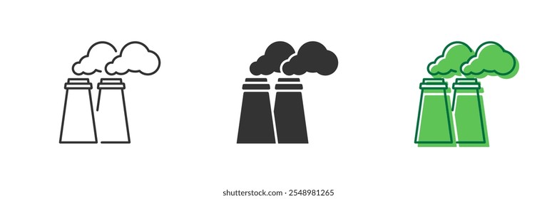 Pollution and Emissions Line and Silhouette Icon Set. Factory Chimneys with Smoke for Environmental Impact. Editable Stroke. Isolated Vector Illustration.