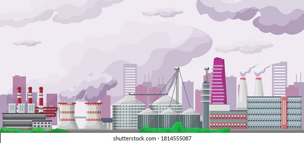 Pollution and enviroment, ecology vector illustration. Factory and plants building with smoking chimneys. Dirty smoke in sky, heavy industry. Enviromental problems. Environment-oriented planet.