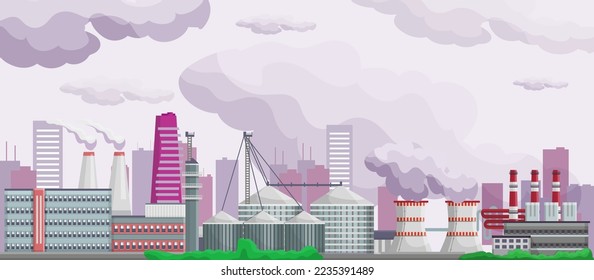 Pollution and enviroment, ecology vector illustration. Factory and plants building with smoking chimneys. Dirty smoke in sky, heavy industry.