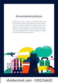 Pollution of the environment by harmful emissions into the atmosphere and water. Factories, Smoking chimneys, the discharge of harmful wastes into the river could. Vector illustration with textures 