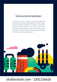 Pollution of the environment by harmful emissions into the atmosphere and water. Factories, Smoking chimneys, the discharge of harmful wastes into the river could. Vector illustration with textures 