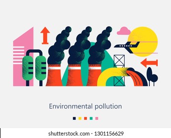 Pollution of the environment by harmful emissions into the atmosphere and water. Factories, Smoking chimneys, the discharge of harmful wastes into the river could. Vector illustration with textures 