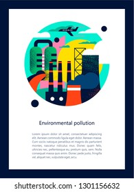 Pollution of the environment by harmful emissions into the atmosphere and water. Factories, Smoking chimneys, the discharge of harmful wastes into the river could. Vector illustration with textures 