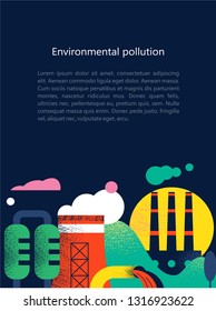 Pollution of the environment by harmful emissions into the atmosphere and water. Factories, Smoking chimneys, the discharge of harmful wastes into the river. Vector colorful illustration.