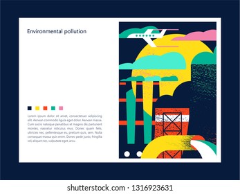 Pollution of the environment by harmful emissions into the atmosphere and water. Factories, Smoking chimneys, the discharge of harmful wastes into the river. Vector colorful illustration.