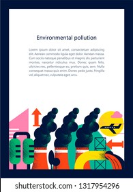 Pollution of the environment by harmful emissions into the atmosphere and water. Factories, Smoking chimneys, the discharge of harmful wastes into the river. Vector colorful illustration.