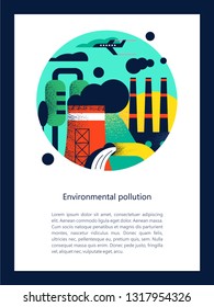 Pollution of the environment by harmful emissions into the atmosphere and water. Factories, Smoking chimneys, the discharge of harmful wastes into the river. Vector colorful illustration.