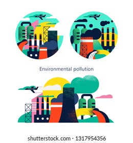 Pollution of the environment by harmful emissions into the atmosphere and water. Factories, Smoking chimneys, the discharge of harmful wastes into the river. Vector colorful illustration.