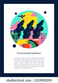 Pollution of the environment by harmful emissions into the atmosphere and water. Factories, Smoking chimneys, the discharge of harmful wastes into the river. Vector colorful illustration.