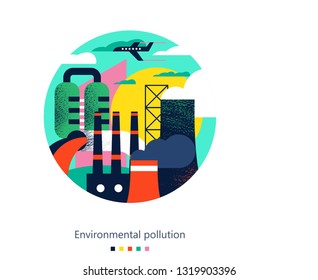 Pollution of the environment by harmful emissions into the atmosphere and water. Factories, Smoking chimneys, the discharge of harmful wastes into the river. Vector colorful illustration.