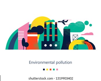 Pollution of the environment by harmful emissions into the atmosphere and water. Factories, Smoking chimneys, the discharge of harmful wastes into the river. Vector colorful illustration.