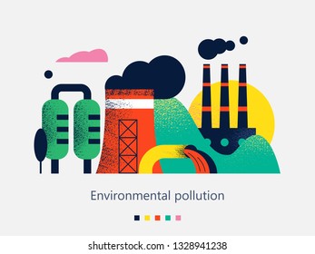 Pollution of the environment by harmful emissions into the atmosphere and water. Factories, Smoking chimneys, the discharge of harmful wastes into the river. Vector colorful illustration.