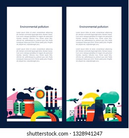 Pollution of the environment by harmful emissions into the atmosphere and water. Factories, Smoking chimneys, the discharge of harmful wastes into the river could. Vector colorful illustration 