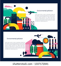 Pollution of the environment by harmful emissions into the atmosphere and water. Factories, Smoking chimneys, the discharge of harmful wastes into the river could. Vector colorful illustration.