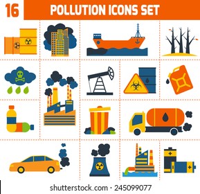 Pollution environment contamination toxic waste and ecology icons set isolated vector illustration