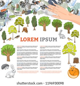 Pollution of the environment. Garbage and waste in forests, in wildlife. Different types of garbage. Vector hand draw collection. Concept of Recycles Day, World Cleanup Day and ecology