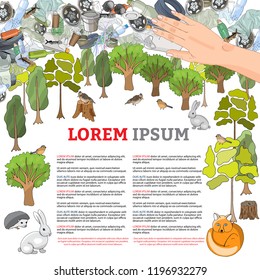 Pollution of the environment. Garbage and waste in forests, in wildlife. Different types of garbage. Vector hand draw collection. Concept of Recycles Day, World Cleanup Day and ecology