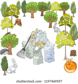 Pollution of the environment. Garbage and waste in forests, in wildlife. Different types of garbage. Vector hand draw collection. Concept of Recycles Day, World Cleanup Day and ecology